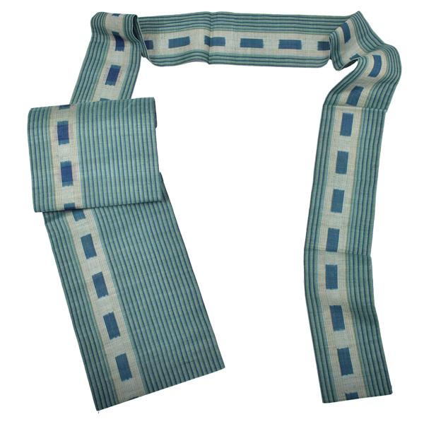 中古品)仕立て上がり 九寸名古屋帯 「青緑 縞に十字絣」 上布 (メール