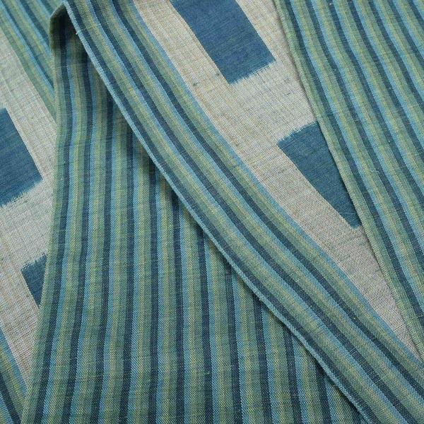 【中古品】仕立て上がり 九寸名古屋帯 「青緑　縞に十字絣」 上布 【メール便不可】