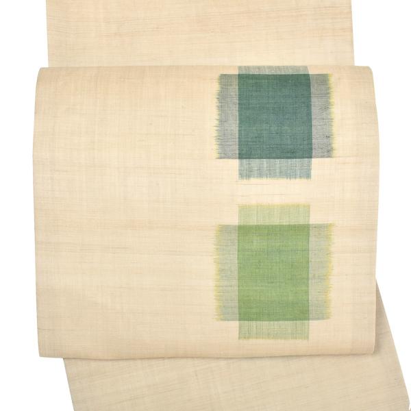 【中古品】仕立て上がり 九寸名古屋帯 「生成りに緑の十字絣」 開き仕立て 上布 洒落帯 【メール便不可】ss2512ong20 中古品)仕立て上がり 九寸名古屋帯 「生成りに緑の十字絣」 開き仕立て