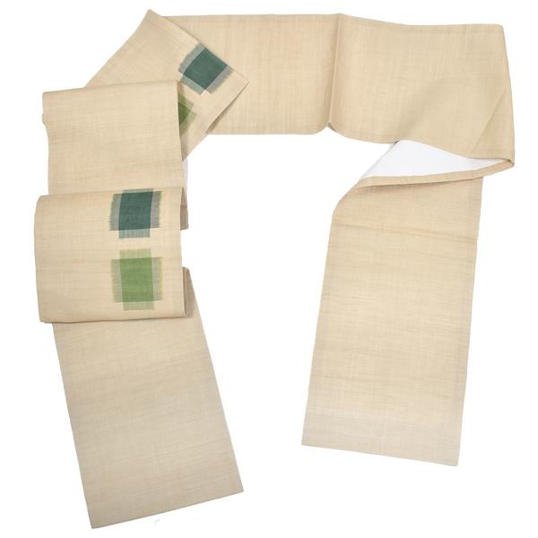 中古品)仕立て上がり 九寸名古屋帯 「生成りに緑の十字絣」 開き仕立て