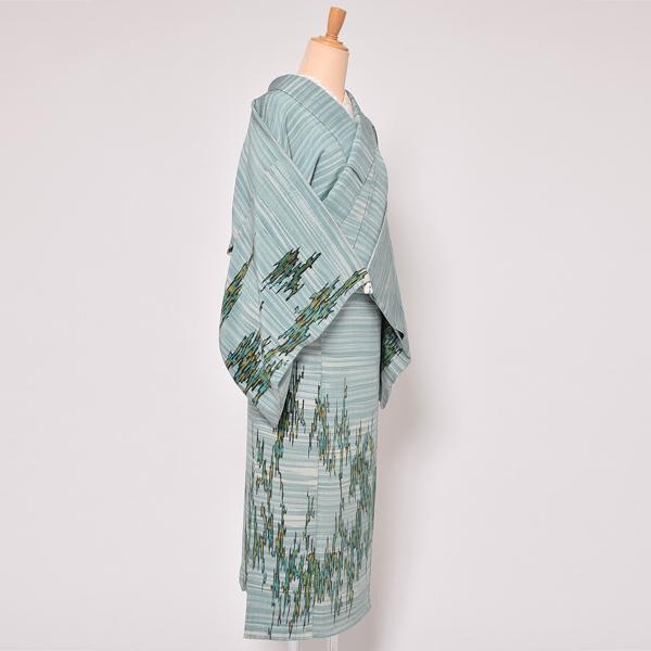 中古品)仕立て上がり 訪問着 袷着物 「緑 横段 波形」 正絹 (メール便