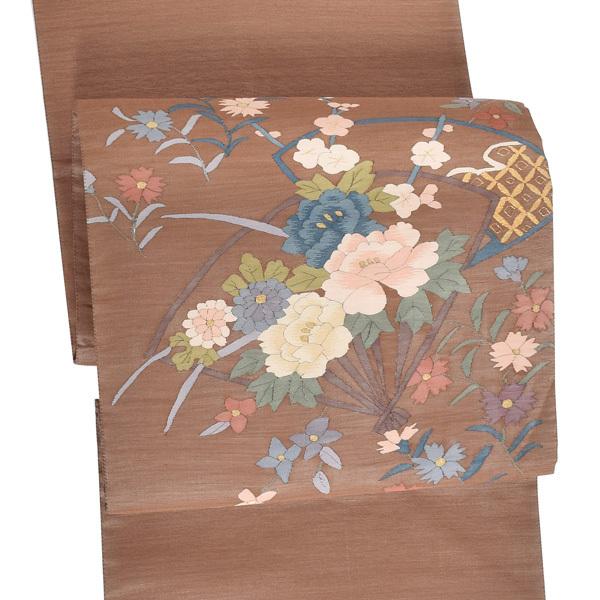帯 中古 リサイクル品 美品 袋帯 「茶色 草花」 仕立て上がり 正絹