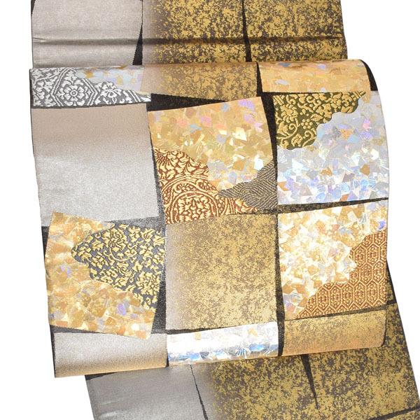 【新古品】「黒地　唐草文様　螺鈿風　千代紙」仕立て上がり 袋帯 全通柄【メール便不可】