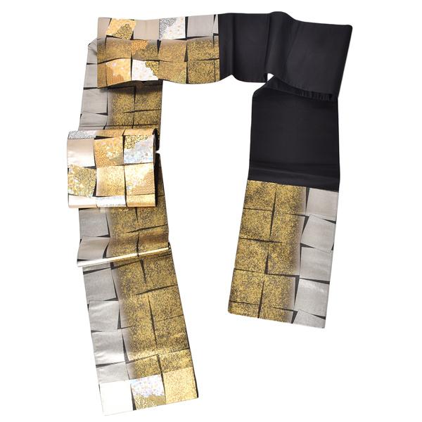 【新古品】「黒地　唐草文様　螺鈿風　千代紙」仕立て上がり 袋帯 全通柄【メール便不可】