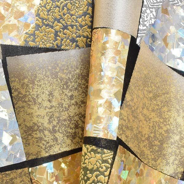 【新古品】「黒地　唐草文様　螺鈿風　千代紙」仕立て上がり 袋帯 全通柄【メール便不可】