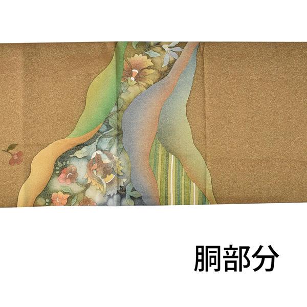 【新古品】「手描き友禅　桑茶　雲取りに宝相華風　作家物」仕立て上がり 袋帯 全通柄【メール便不可】