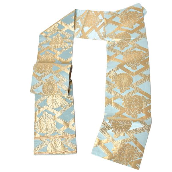 着物　帯　袋帯　美品!! 帯 中古 リサイクル品 美品 袋帯 「水色 金の亀甲格子に花紋