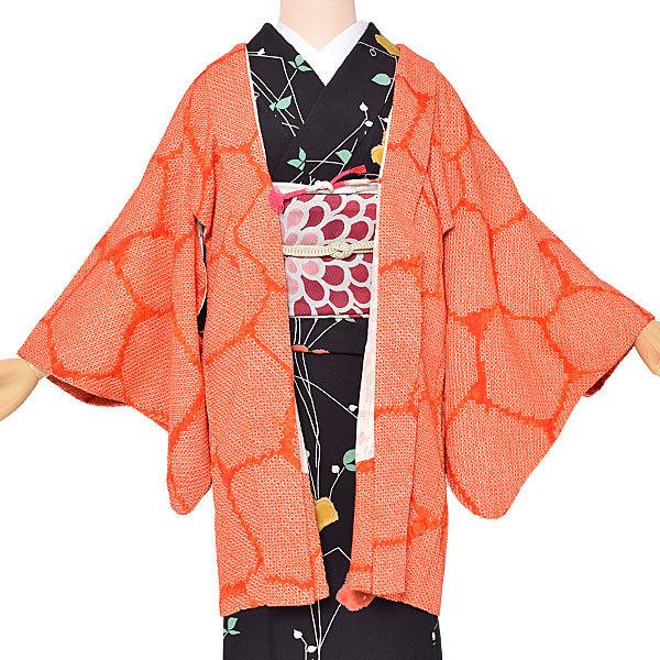Prices down3）(中古品)羽織 「朱色 亀甲文 鹿の子絞り」 正絹