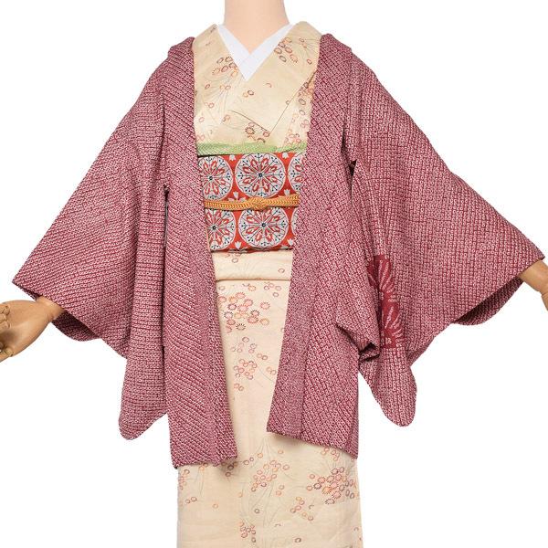 Prices down）(中古品)羽織 「小豆色 扇子」 正絹 総絞り 羽織り 