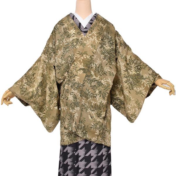 Prices down2）(中古品)道中衿 「カーキ色に草花」 正絹 着物コート 