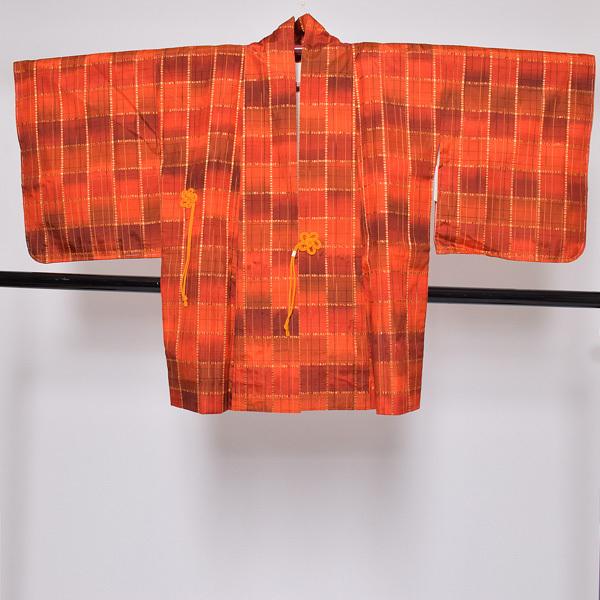 【中古品】羽織 「オレンジ暈し　格子」 正絹 羽織り 【メール便不可】