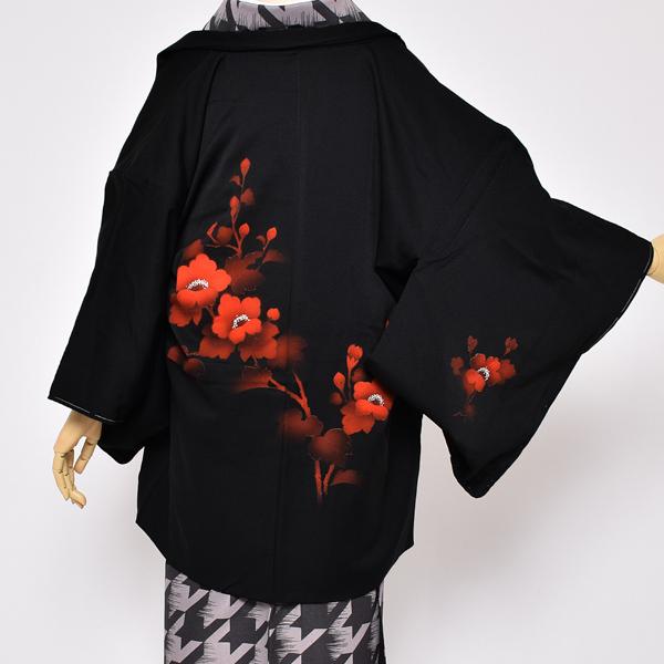 中古品)羽織 「黒無地に赤い花」 正絹 羽織り (メール便不可