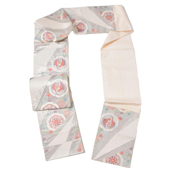 Prices down2）(中古品)仕立て上がり 袋帯 「白鼠 銀 紗綾形に鳳凰