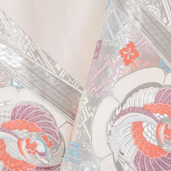 Prices down2）(中古品)仕立て上がり 袋帯 「白鼠 銀 紗綾形に鳳凰