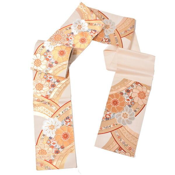 【中古品】仕立て上がり 袋帯 「クリーム　捻じり花取り」 【メール便不可】