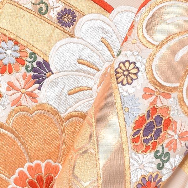 【中古品】仕立て上がり 袋帯 「クリーム　捻じり花取り」 【メール便不可】