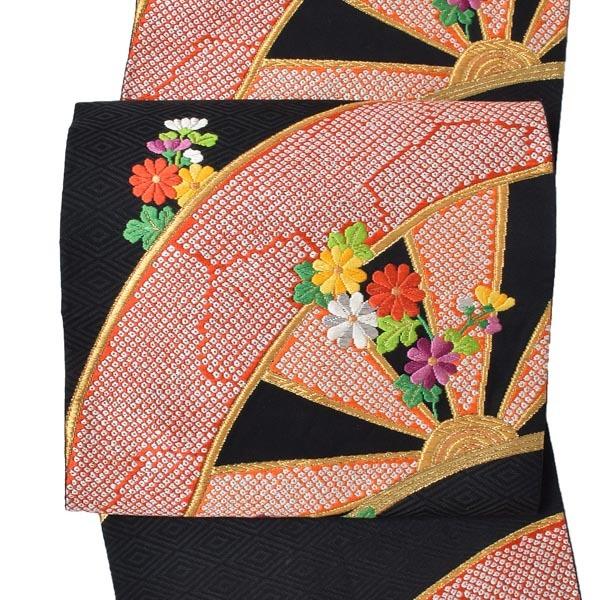 【中古品】仕立て上がり　袋帯 「黒地　菱形に源氏車」 唐織 【メール便不可】