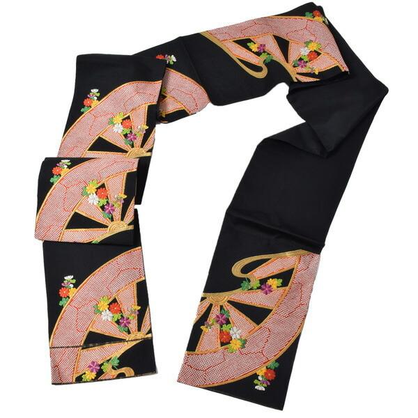 【中古品】仕立て上がり　袋帯 「黒地　菱形に源氏車」 唐織 【メール便不可】