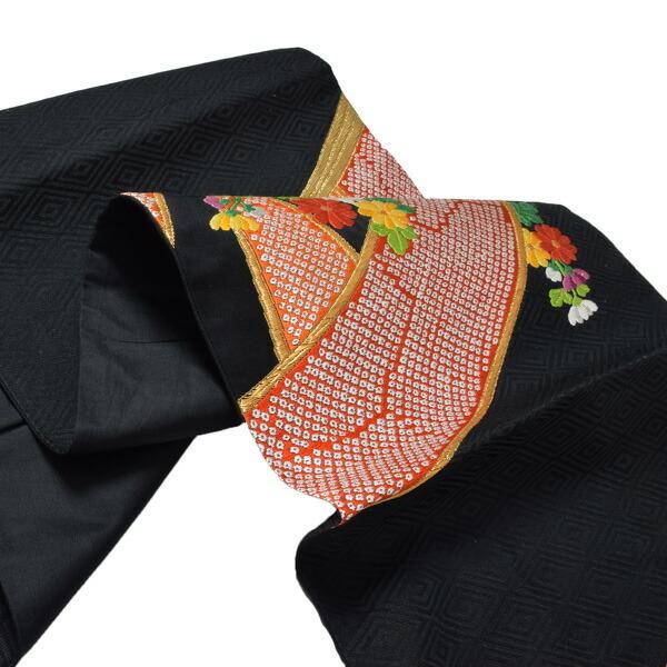 【中古品】仕立て上がり　袋帯 「黒地　菱形に源氏車」 唐織 【メール便不可】