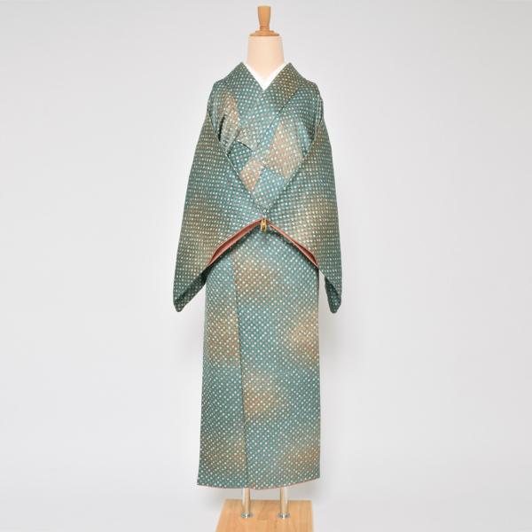 中古品)仕立て上がり 袷着物 「御召茶 金茶ぼかし 絞り」 小紋 正絹 総