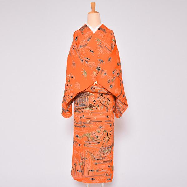 Prices down2)(中古品)仕立て上がり 袷着物 「オレンジ 庭風景 Prices down2)(中古品)仕立て上がり 袷着物 「オレンジ 庭風景