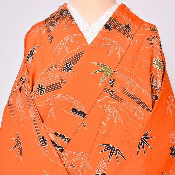 Prices down2)(中古品)仕立て上がり 袷着物 「オレンジ 庭風景 Prices down2)(中古品)仕立て上がり 袷着物 「オレンジ 庭風景