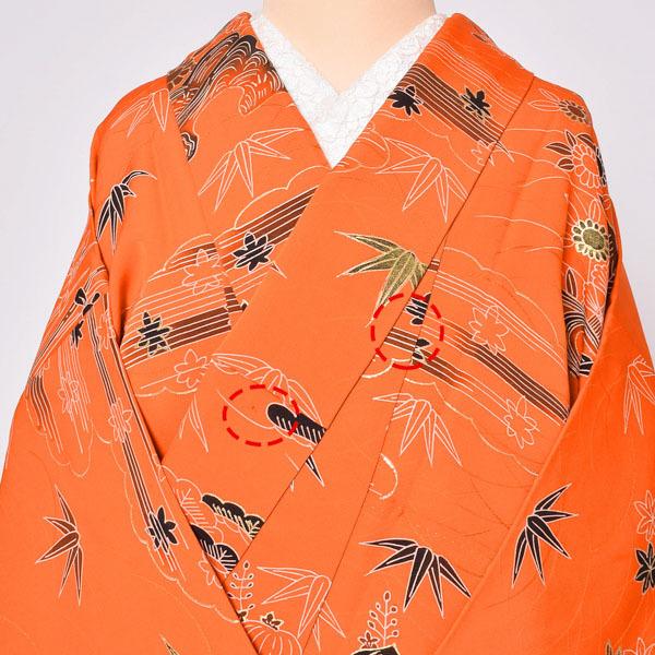 Prices down2)(中古品)仕立て上がり 袷着物 「オレンジ 庭風景 Prices down2)(中古品)仕立て上がり 袷着物 「オレンジ 庭風景