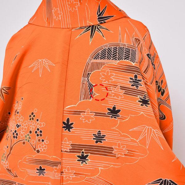 Prices down2)(中古品)仕立て上がり 袷着物 「オレンジ 庭風景 Prices down2)(中古品)仕立て上がり 袷着物 「オレンジ 庭風景