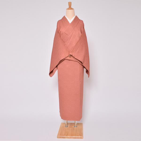 Prices down2）(中古品)仕立て上がり 袷着物 「紅樺色 格子に花と青海