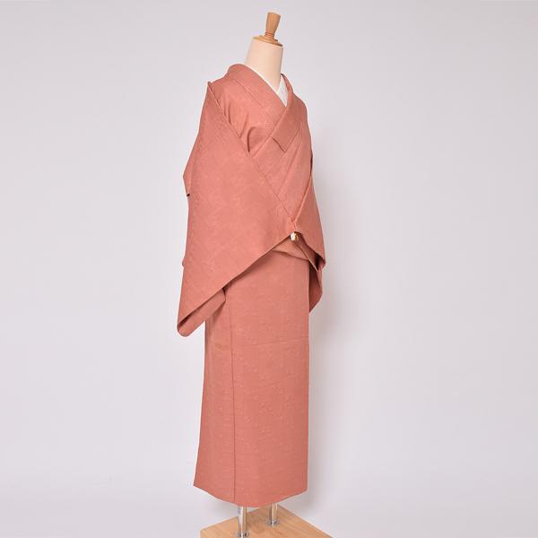 Prices down2）(中古品)仕立て上がり 袷着物 「紅樺色 格子に花と青海