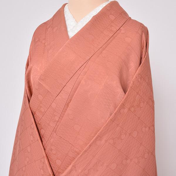 Prices down2）(中古品)仕立て上がり 袷着物 「紅樺色 格子に花と青海