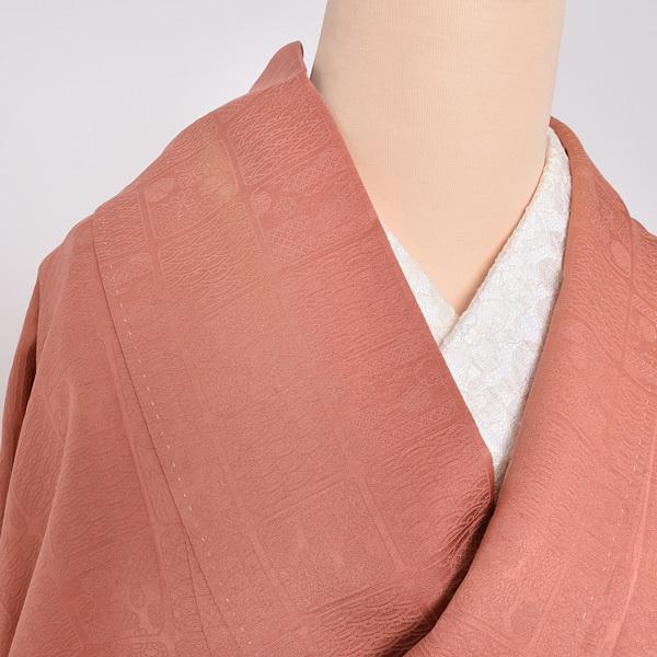 Prices down2）(中古品)仕立て上がり 袷着物 「紅樺色 格子に花と青海