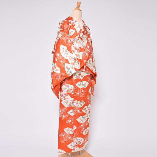 Prices down2)(中古品)仕立て上がり 袷着物 「朱色 扇に草花 Prices down2)(中古品)仕立て上がり 袷着物 「朱色 扇に草花