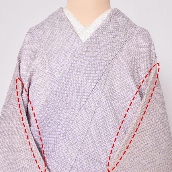 袷 着物 正絹 総絞り 白と薄い紫 Prices down3）(中古品)仕立て上がり 袷着物 「紫暈し 総絞り」 正絹