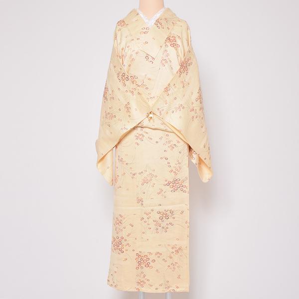 洗える着物　単衣　小紋　手縫い仕立て　菊　花尽くし　居敷当て付き　ベージュ系 洗える着物 単衣 小紋 手縫い仕立て 菊 花尽くし 居敷当て付き