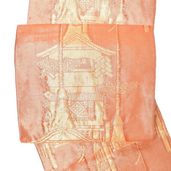 【中古品】仕立て上がり 袋帯 「金　箔織　朱色　祇園祭の鉾」 【メール便不可】
