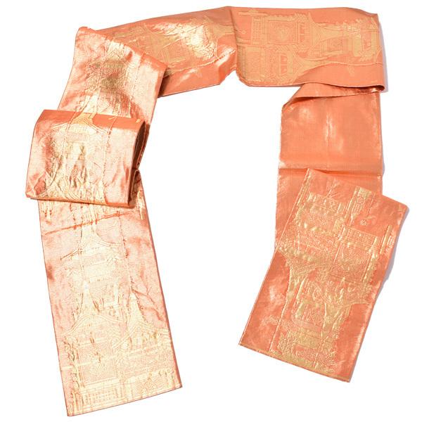 【中古品】仕立て上がり 袋帯 「金　箔織　朱色　祇園祭の鉾」 【メール便不可】