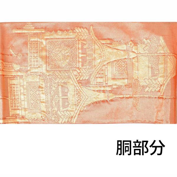 【中古品】仕立て上がり 袋帯 「金　箔織　朱色　祇園祭の鉾」 【メール便不可】