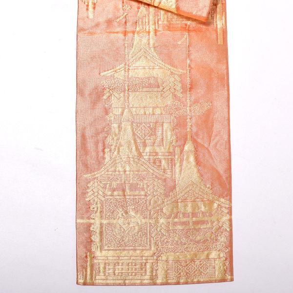 【中古品】仕立て上がり 袋帯 「金　箔織　朱色　祇園祭の鉾」 【メール便不可】
