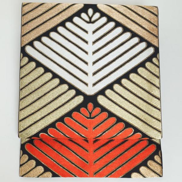 袋帯 西陣 川島織物 松菱模様 振袖向き 六通 黒色 本袋帯 金糸  