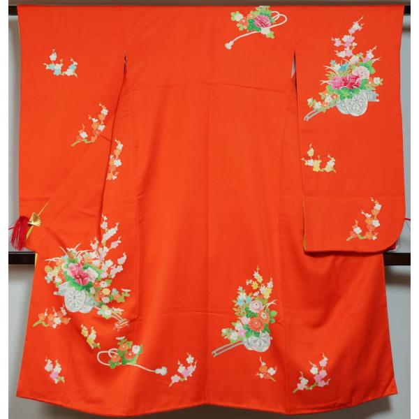 七五三 7歳 着物 比翼付き 花車模様 朱色系 正絹 お祝い着 七歳 7歳