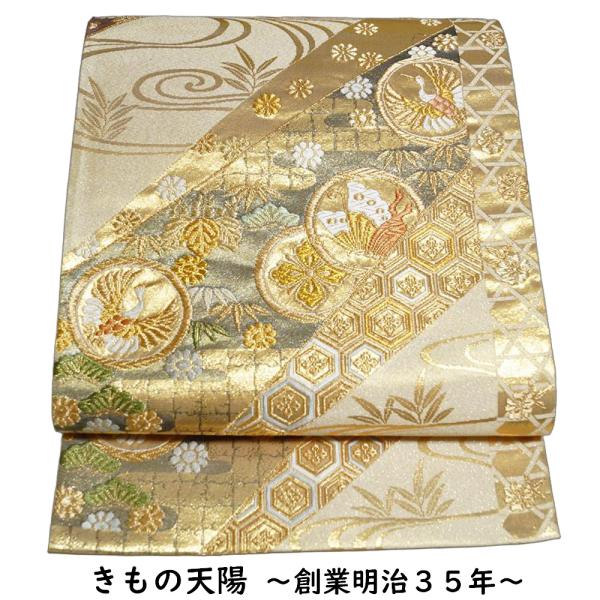 袋帯 未使用品 短冊に丸紋・吉祥模様 綴れ 唐織 金糸 六通柄 金・生成