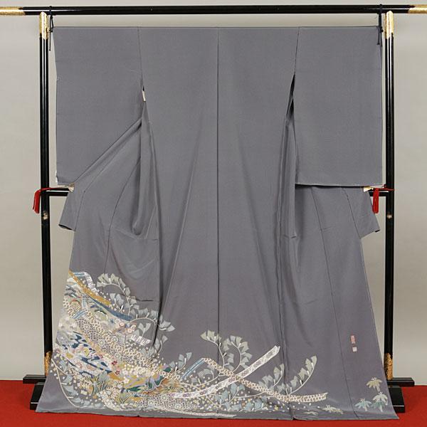 本場加賀友禅奥原一就作 落款 手描き友禅黒留袖 笹橘に鶴