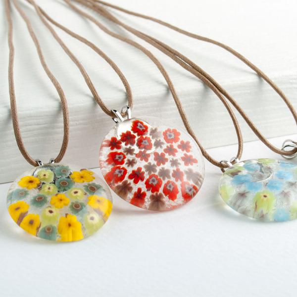 大型 ミルフィオリ ペンダントトップ モザイクガラス 花柄 ヴィンテージ 赤系 kinariglass_aeid19001