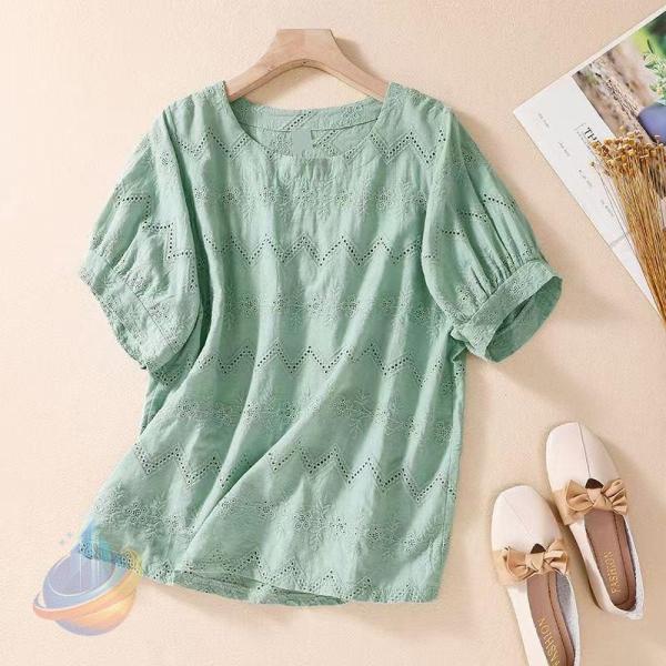 ブラウス Tシャツ レディース 半袖 綿レース トップス プルオーバー 花柄刺? カットソー ボリューム袖 キレイめ ナチュラル カジュアル 森ガール シンプル