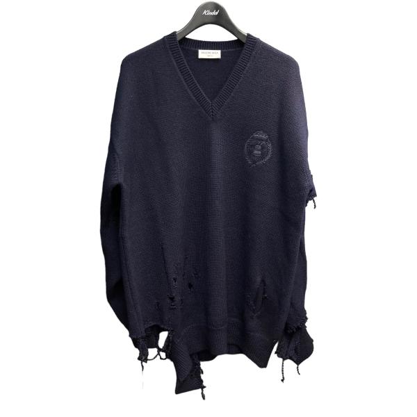 【美品】バレンシアガ デストロイ加工 Vネック ニット 1 S相当 ネイビー BALENCIAGA 【値下げ】BALENCIAGA デストロイ加工Vネックニット