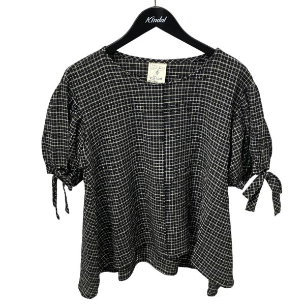 デードゥエ D-DUE チェック 半袖ブラウス ブラック×ホワイト サイズ：36