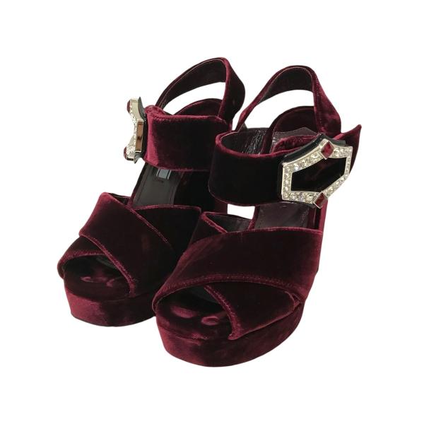 PRADA プラダ シープ ファー ベルベット バックル サンダル 36 23㎝ PRADA（プラダ） ベルベットヒールサンダル ワイン サイズ：36
