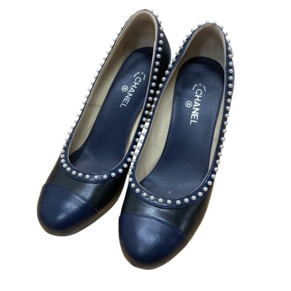 【値下げ】CHANEL パール付きヒールパンプス ブラック サイズ：35 1/2C (EC)