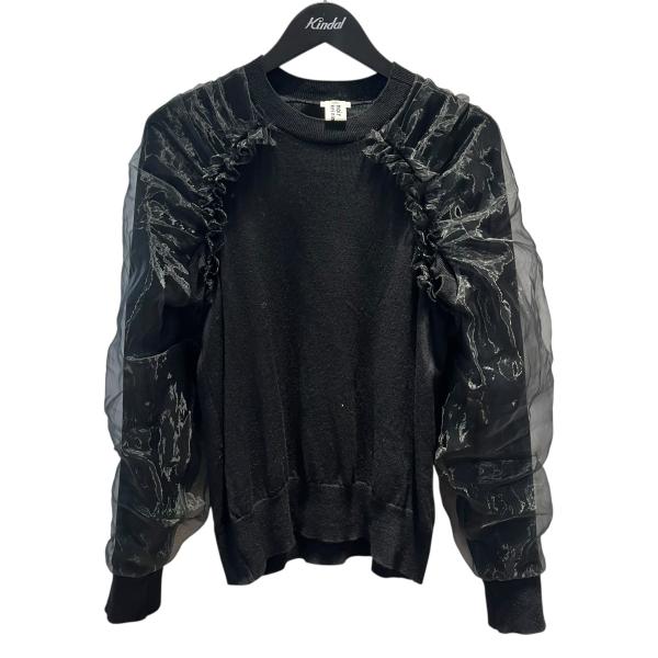 Z【ノワールケイニノミヤ】ギャザーチュールブラウス 長袖 黒 ブラック 日本製 noir kei ninomiya ウールギャバジン×ナイロンチュールワンピース [3K